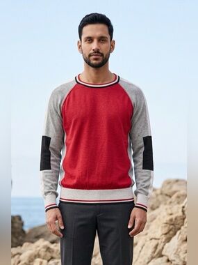 Cutter & Buck Red and Gray Raglan Crewneck Sweater with Black Elbow Patches B2